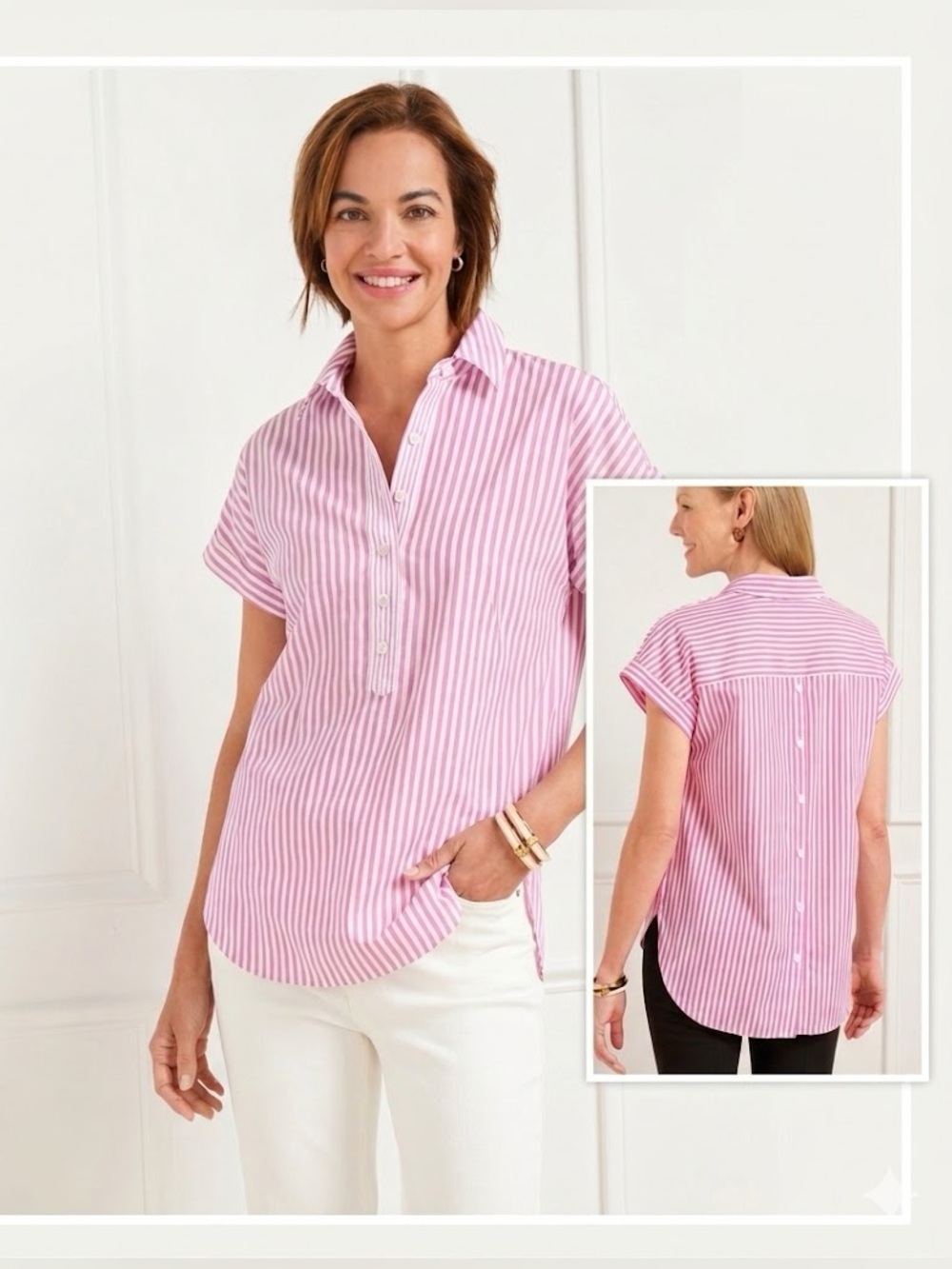 Talbots Pink White Striped Button Back Popover Shirt Spring Crocus Medium Petite